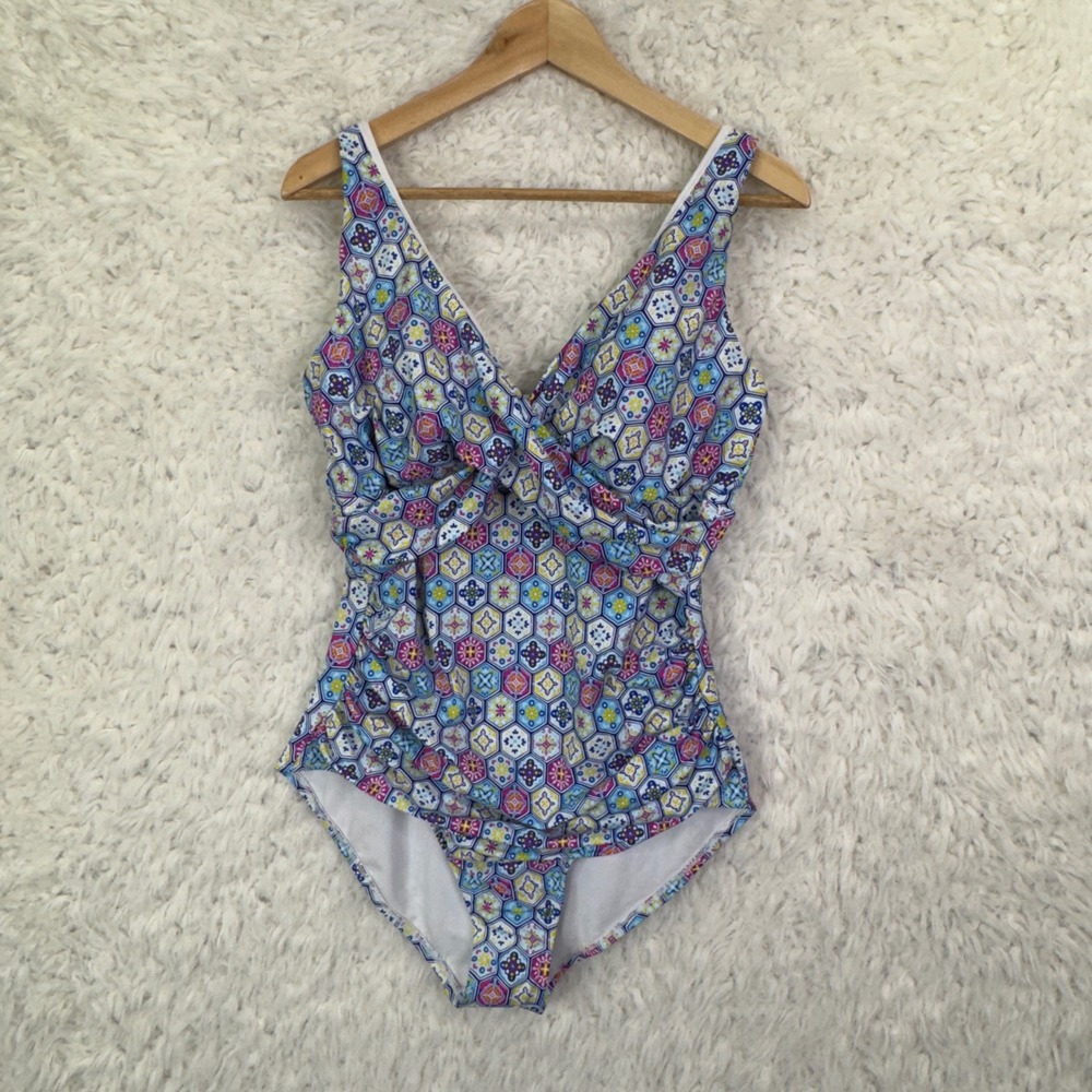 Bal Harbour Swim One Piece Swimsuit 16 Blue Geometric Ruched V-Neck Boho Beach